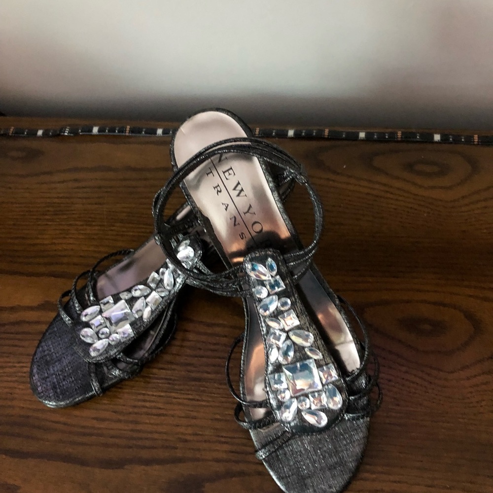 Metallic charcoal gray wedge heels